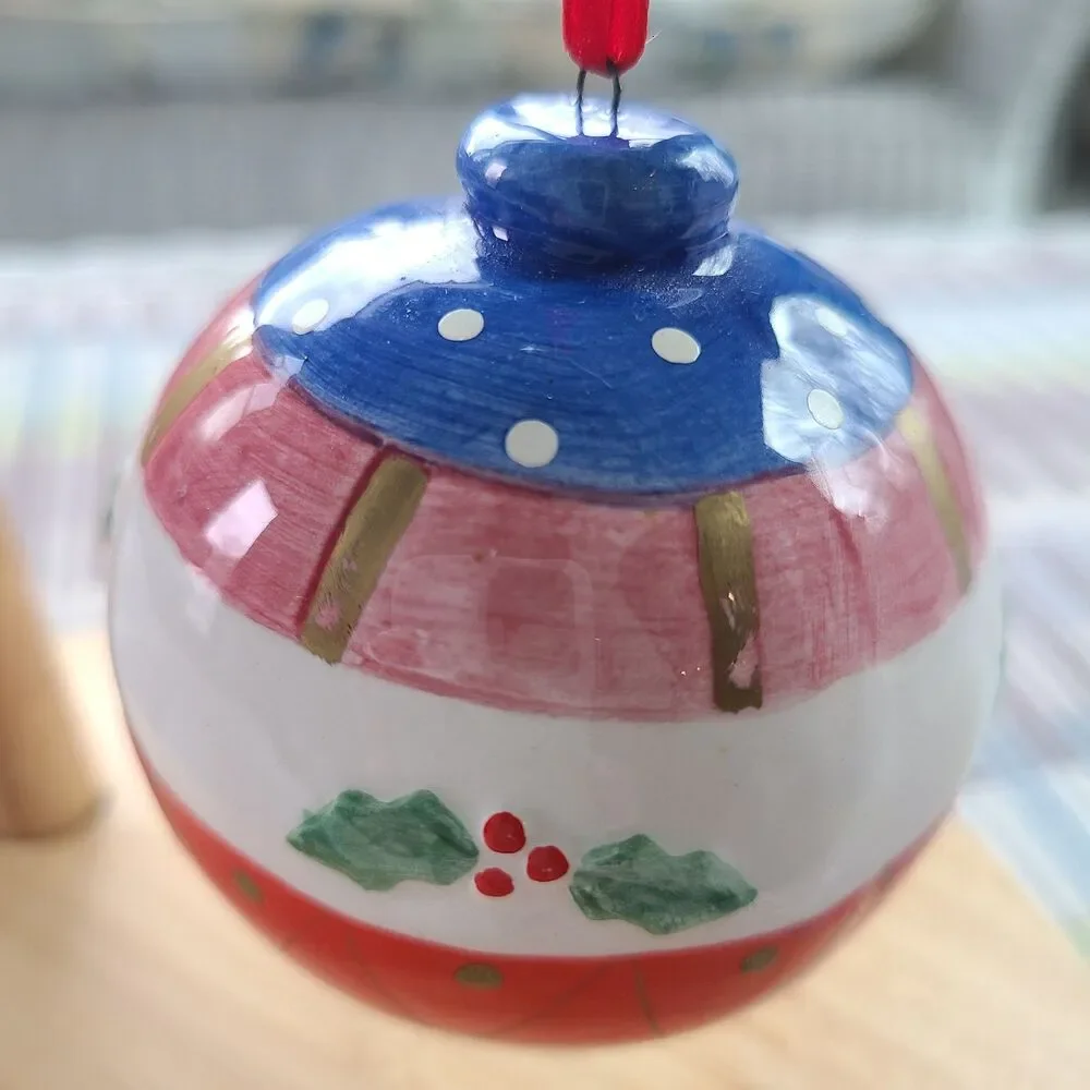 Vintage Hand-Painted Handmade Ceramic Christmas Ornament Holly Berry Red Ribbon